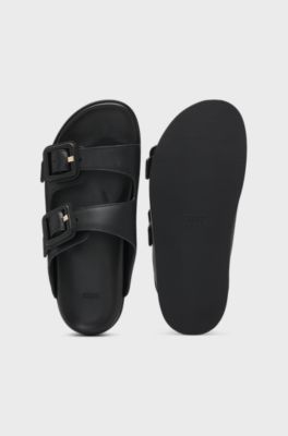 Leather slides with twin buckled straps, Black