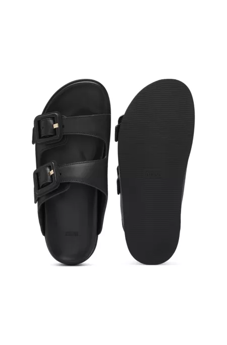 Leather slides with twin buckled straps