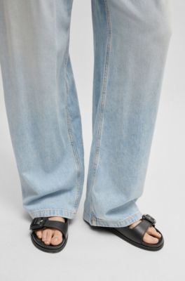 Leather slides with twin buckled straps, Black