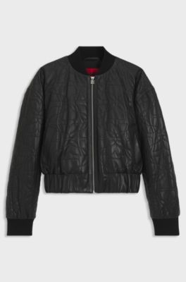Relaxed-fit padded leather jacket with patterned quilting, Black