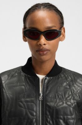 Relaxed-fit padded leather jacket with patterned quilting, Black