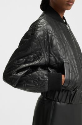 Relaxed-fit padded leather jacket with patterned quilting, Black