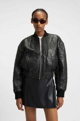 Relaxed-fit padded leather jacket with patterned quilting, Black