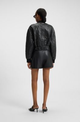 Relaxed-fit padded leather jacket with patterned quilting, Black