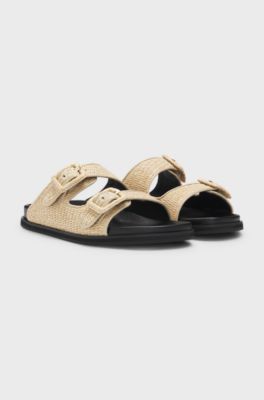 Raffia slides with buckled straps, Beige