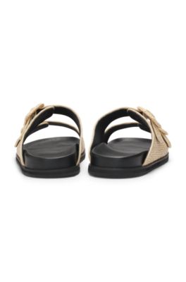 Raffia slides with buckled straps, Beige