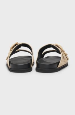 Raffia slides with buckled straps, Beige