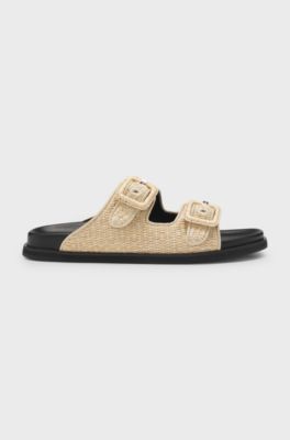 Slides em r&aacute;fia com tiras com fivela, Beige