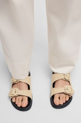 Raffia slides with buckled straps, Beige