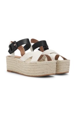 Platform-sole espadrilles with leather and canvas straps, White / Black