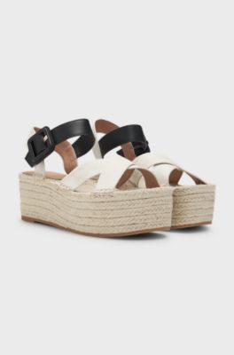 Platform-sole espadrilles with leather and canvas straps, White / Black