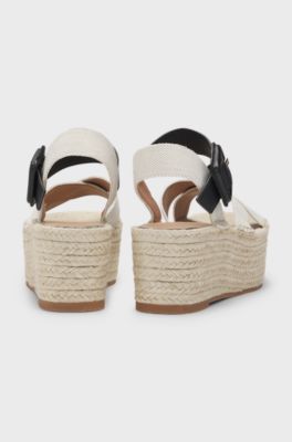 Espadrilles &agrave; semelle plateforme avec brides en cuir et toile, Blanc / Noir