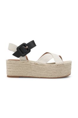 Platform-sole espadrilles with leather and canvas straps, White / Black