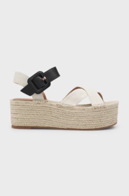 Platform-sole espadrilles with leather and canvas straps, White / Black