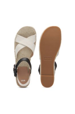 Platform-sole espadrilles with leather and canvas straps, White / Black