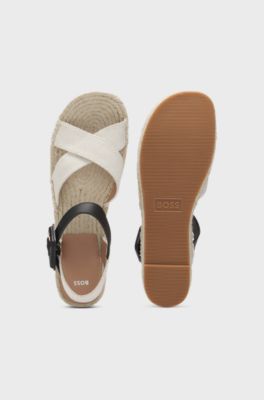 Platform-sole espadrilles with leather and canvas straps, White / Black