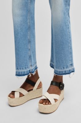 Platform-sole espadrilles with leather and canvas straps, White / Black