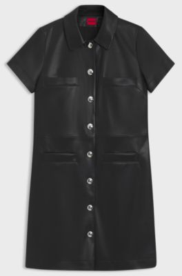 Shirt dress in faux leather with press-stud buttons, Black
