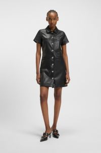 Robe-chemise en similicuir à boutons-pression, Noir