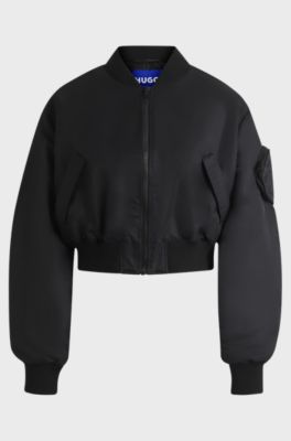 Water-repellent bomber jacket with attached Happy HUGO pocket, Black