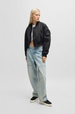 Water-repellent bomber jacket with attached Happy HUGO pocket, Black