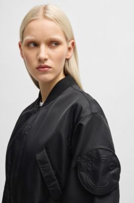Water-repellent bomber jacket with attached Happy HUGO pocket, Black