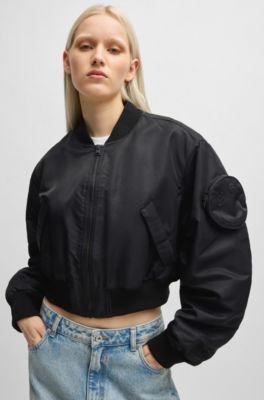 Water-repellent bomber jacket with attached Happy HUGO pocket, Black