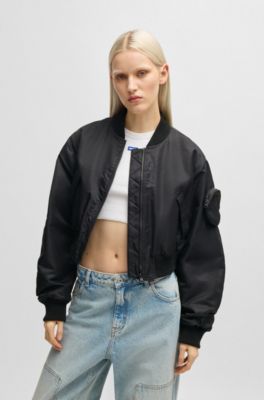 Water-repellent bomber jacket with attached Happy HUGO pocket, Black