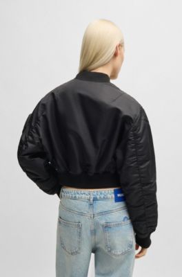 Water-repellent bomber jacket with attached Happy HUGO pocket, Black