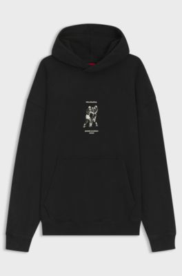 Cotton-terry hoodie with boxing artwork, Black