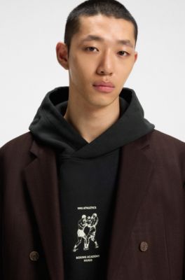 Cotton-terry hoodie with boxing artwork, Black