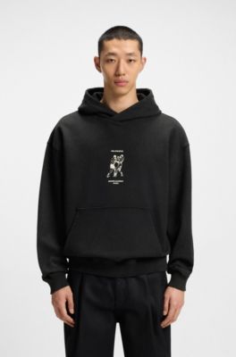 Cotton-terry hoodie with boxing artwork, Black
