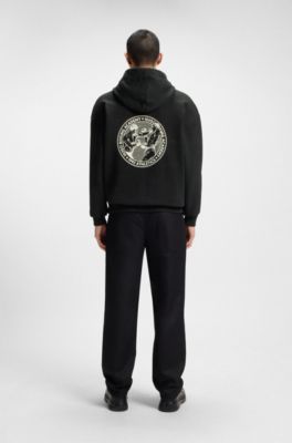 Cotton-terry hoodie with boxing artwork, Black