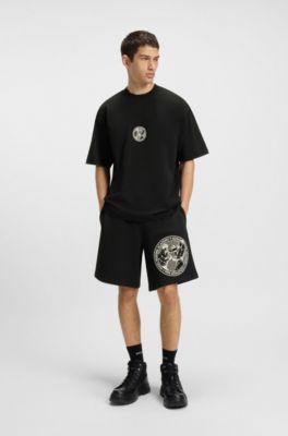 Cotton-terry shorts with boxing artwork, Black