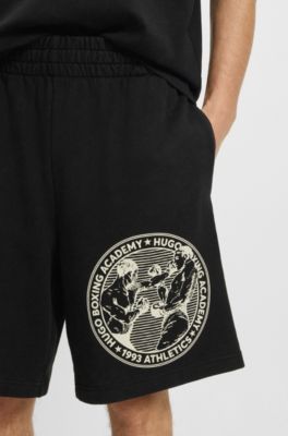 Cotton-terry shorts with boxing artwork, Black