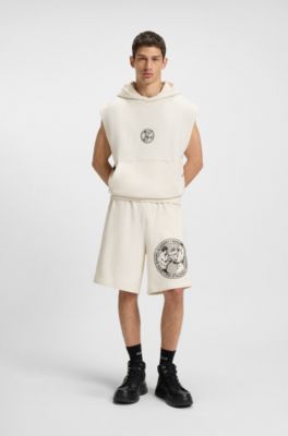 Short van katoenen sweatstof met bokssport-artwork, Naturel
