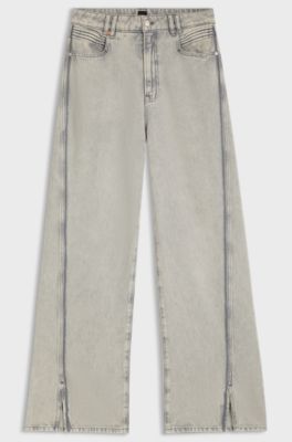 Wide-leg jeans in grey denim with hem slits, Light Grey