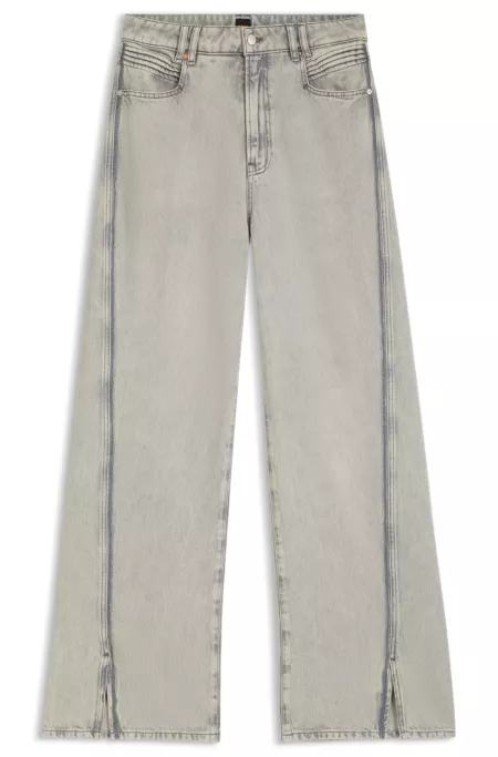 Wide-leg jeans in grey denim with hem slits