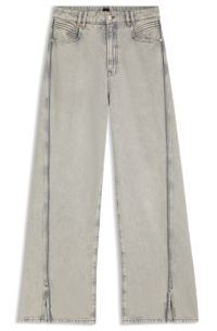 Wide-leg jeans in grey denim with hem slits, Light Grey
