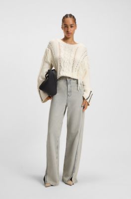 Wide-leg jeans in grey denim with hem slits, Light Grey