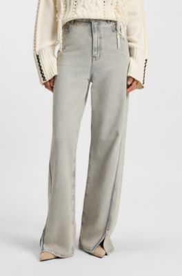 Wide-leg jeans in grey denim with hem slits, Light Grey
