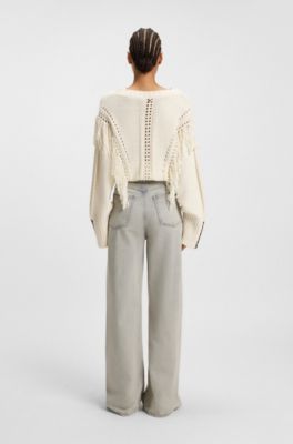 Wide-leg jeans in grey denim with hem slits, Light Grey