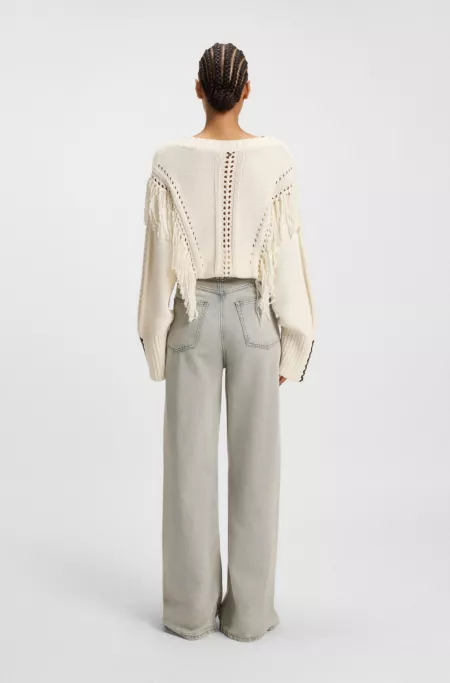 Wide-leg jeans in grey denim with hem slits