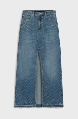 Denim skirt with logo pinstripe pattern and front slit, Blue Patterned