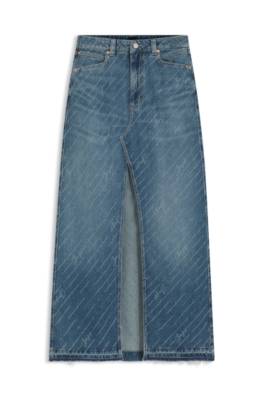 Denim skirt with logo pinstripe pattern and front slit 1