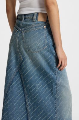 Denim skirt with logo pinstripe pattern and front slit, Blue Patterned