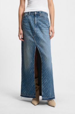 Gonna in denim con motivo gessato con logo e spacco anteriore, Blu a motivi