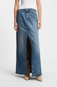 Denim skirt with logo pinstripe pattern and front slit, Blue Patterned