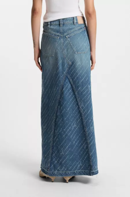 Denim skirt with logo pinstripe pattern and front slit
