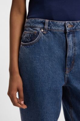 Jean Mom en denim rigide bleu, Bleu